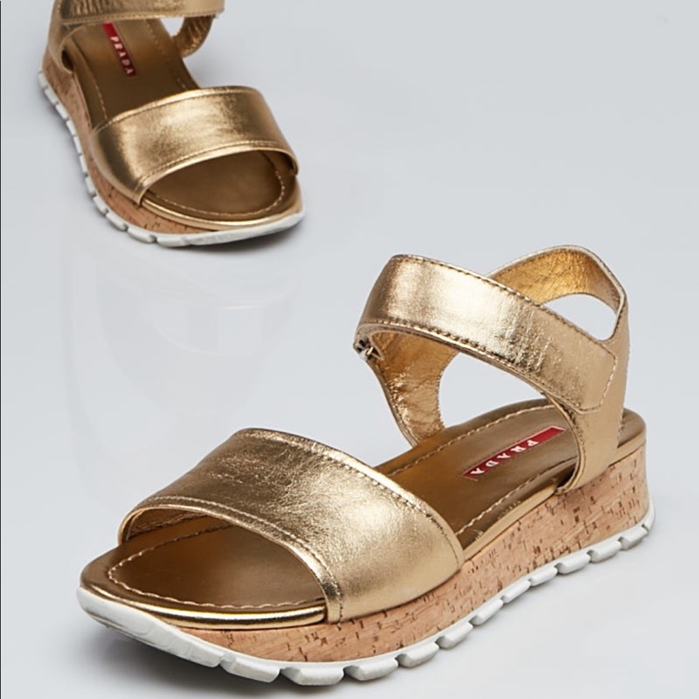 Prada Sport Gold Metallic Leather Strappy Cork Sandals